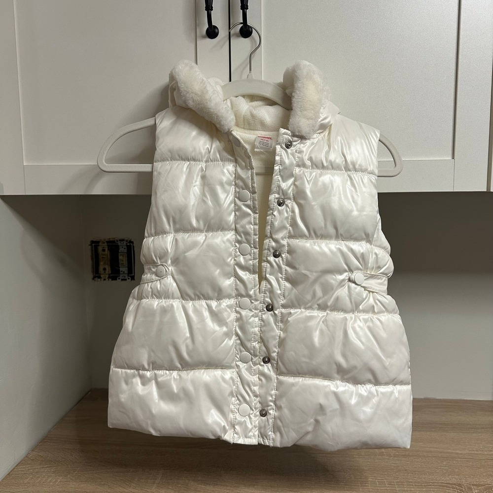 Gymboree Puffer Vest Girls 7-8 White Glossy Faux Fur‎ Hooded Sleeveless Jacket